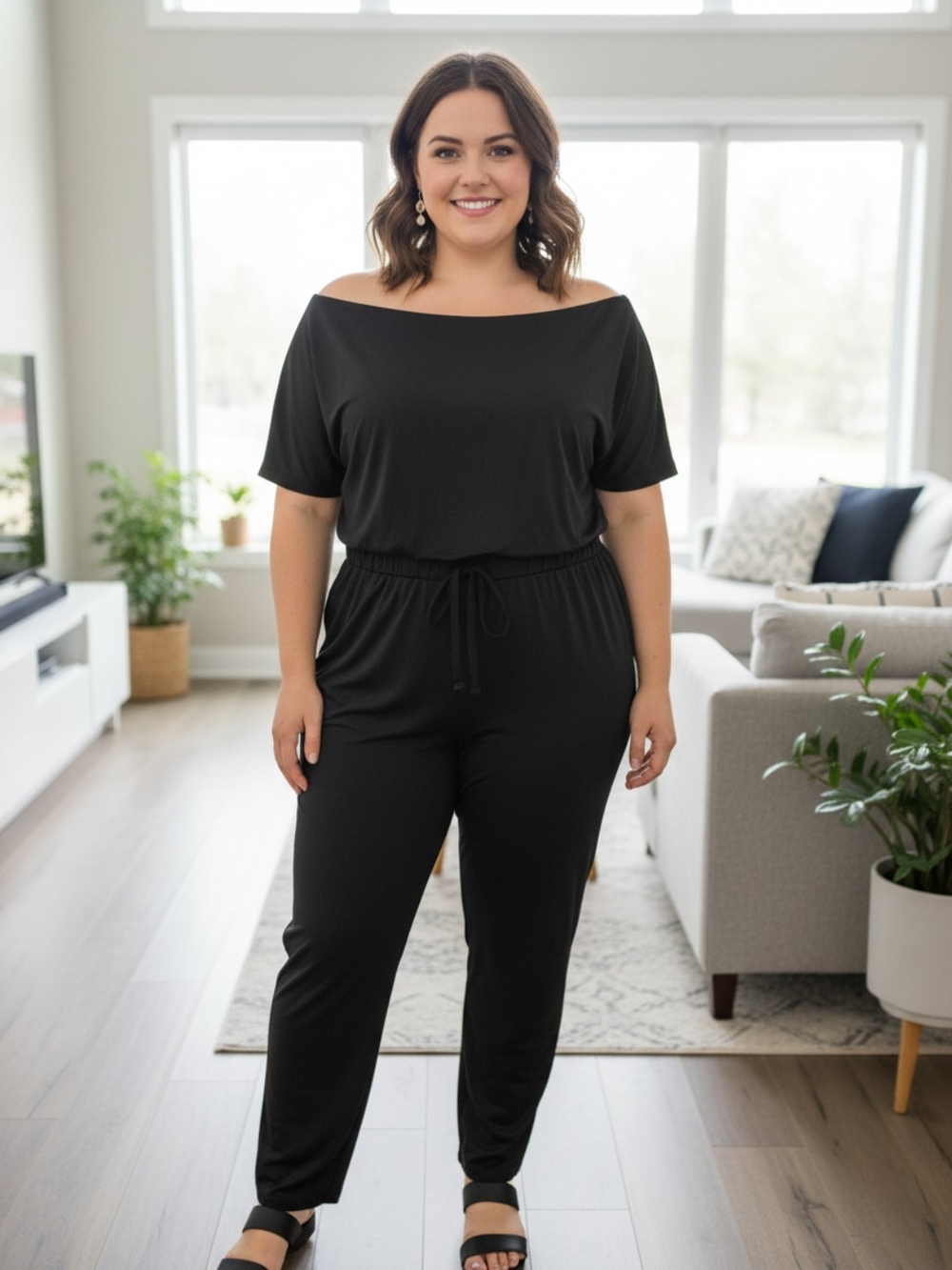 SHEIN Black Off-Shoulder Drawstring Waist Jumpsuit
